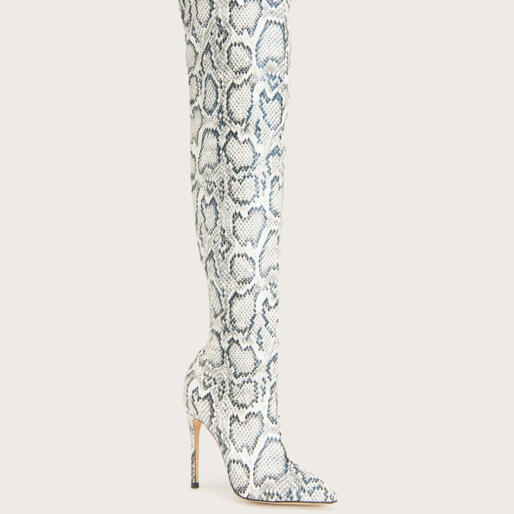 Bebe Destined Faux Snake Print Over the Knee Boots Stiletto Black/white NWOT